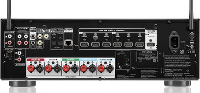 Denon AVC-S660H sort hjemmebiografsforstærker, bagside, tæt centreret billede af lyd- og videostikkene