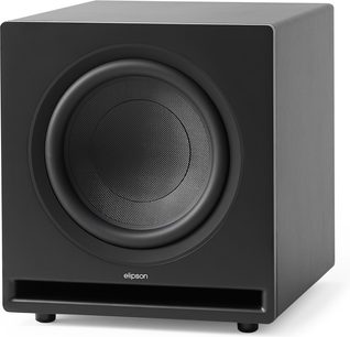 Subwoofer Elipson Premium Sub 12 v matné černé barvě, krychlový design, tkaná membrána, přední štěrbinový port, pohled zepředu 3/4