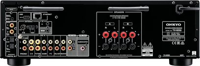 Onkyo TX-8250 sort hi-fi stereoforstærker, frontvisning, tilslutninger og kontrolknapper, 4 røde højttalere tilsluttet