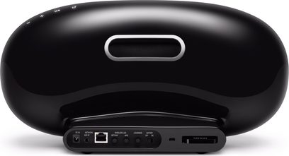 Trådløs, tilsluttet højttaler fra Denon Cocoon DSD-300 i sort, oval form, blank overflade, knapper og tilslutninger på forsiden