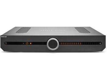 Integrert Roksan Attessa svart hi-fi stereoanlegg, frontpanel med kontroller, oransje display, ventilert topplokk