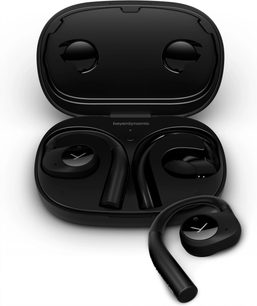 Fones intra-auriculares Beyerdynamic VERIO 200 preto, vista frontal, estojo aberto, fones pretos, design arredondado, pontas visíveis