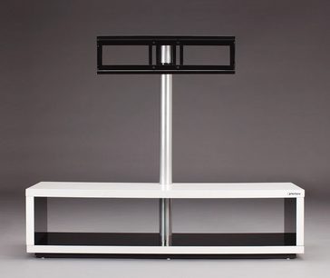 Hvidt TV-møbel med krommet metalstruktur, 2 glashylder, central TV-holder og 2 sidelåger