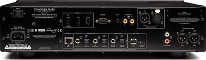 Síťový audio přehrávač Cambridge Audio Azur 851N černý, pohled zepředu, konektory vzadu, tlačítka a displej na čelním panelu