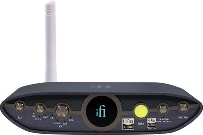 Безжичен предавател iFi Audio Zen Blue 3, преден изглед, вертикална бяла антена, бутони и светлинни индикатори