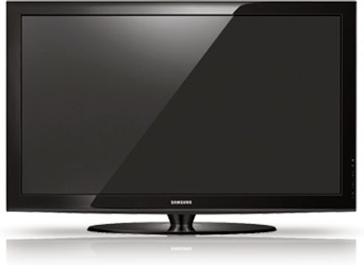 Sort Samsung PS50B451 fladskærms-TV, rektangulær skærm slukket, frontvisning centreret, placeret på et stativ