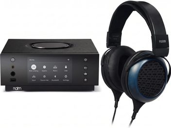 Amplificador de auriculares Naim Uniti Atom negro con auriculares con cable Fostex TH1000RP con carcasas azul oscuro