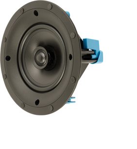 Cassa acustica da incasso a soffitto H55-R v2, vista prospettica, forma circolare, superficie nera, tweeter centrale, fissaggi blu