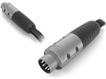 Cablu audio analogic DIN Naim Audio HI-Line personalizat, conectori metalici gri, mânecă neagră, vedere de sus