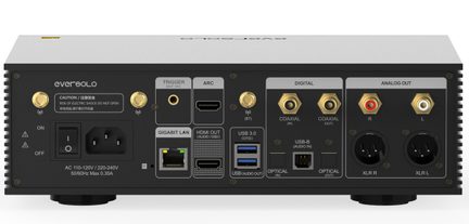 Вид ззаду аудіопристрою з роз'ємами HDMI, USB, коаксіальними, оптичними, XLR, RCA, LAN, перемикачем, роз'ємом живлення та клемними затискачами trigger