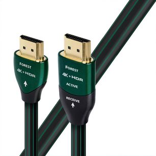 Two gold-plated Audioquest Forest 4K+HDR Active/Receive HDMI connectors on green and black cables, close-up view of the ends