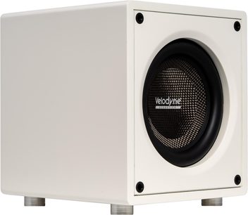 Velodyne VI-Q 10 witte subwoofer, driekwartaanzicht, witte behuizing met zwarte luidspreker aan de voorkant