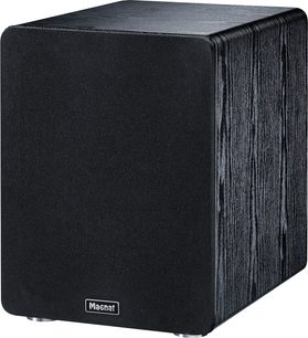 Subwoofer Alpha RS 8 černý, pohled ze šikmého úhlu, přední strana pokrytá černou látkou, boky s texturou dřevěného vzoru, kovové nožky