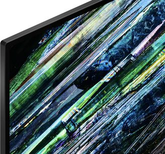Téléviseur haute définition Sony XR65A95L, angle de vue en coin, écran affichant des motifs abstraits multicolores