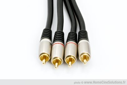 Fire sorte og hvide RCA-kabler med forgyldte stik, set forfra, arrangeret parallelt