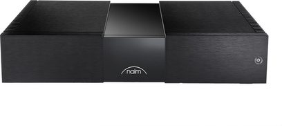 Wzmacniacz mocy Naim Audio NAP 250 w kolorze czarnym, widok z przodu, prostokątna obudowa z szczotkowanego aluminium, minimalistyczna przodnia ścianka