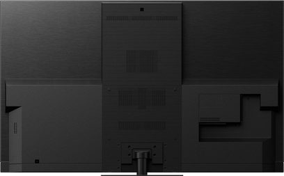 Panasonic TX-77LZ2000E OLED 4K UHD-tv, set forfra, slukket skærm, sort ramme og fod, tilslutninger på bagsiden