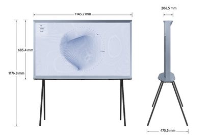 Telewizor Samsung The Serif QE50LS01BB 2022 50 cali, widok z przodu i z boku z wymiarami, ekran wyświetlający abstrakcyjny niebieski wzór