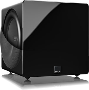 SVS 3000 Micro -mattamusta kompakti subwoofer, kolmen neljäsosan kuvakulma, sivulle sijoitettu näkyvä kaiutinelementti