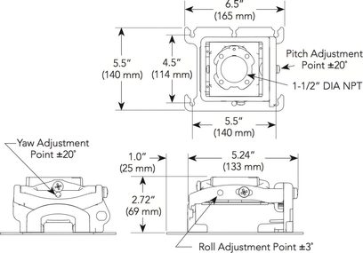 Teknisk diagram med dimensioner af en højdejusterbar, dybdejusterbar og vippejusterbar projektorkonsol, set forfra
