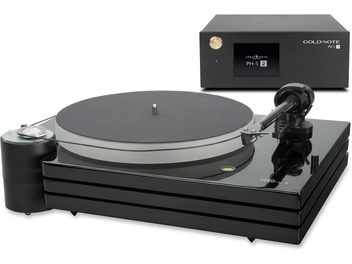 Giradischi Music Hall mmf-9.3 nero con piatto argentato, braccio di lettura e preamplificatore Gold Note sul retro