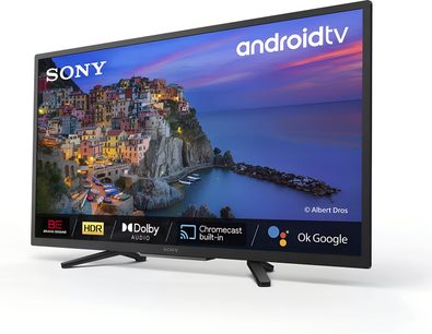 Sony KD32W800P1 televizyon, siyah, ince plastik çerçeve, iki ayak, sağ ön üç çeyrek açıdan görünüm, Android TV ve HDR logoları