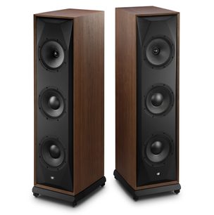 Пара підлогових колонок Mofi Electronics SourcePoint 888, горіх, чорна фронтальна панель із трьома динаміками, вид у три чверті