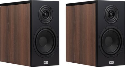 Diffusori da scaffale Heco AURORA XT 300 noce, vista frontale e laterale, cabinet rettangolare con finitura in legno, pannello frontale nero, 2 altoparlanti circolari