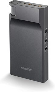 Højkvalitets hovedtelefonforforstærker Astell&Kern PA10, mørkegråt rektangulært kabinet, rillet drejeknap, 4 øverste lydporte, 3 sidekontakter