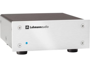 Lehmann Audio Black Cube SE II sølvfarvet phono-forforstærker, rektangulært metalhus i sølvfarve, frontpanel med blå LED