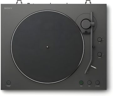 Sort Sony PS-LX3BT pladespiller set ovenfra med rundt tallerken, lige tonearm og start/stop-knapper