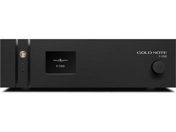 Gold Note P-1000 black stereo preamplifier, front panel with large round right-hand knob and central display on brushed aluminum