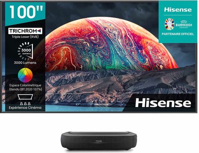 Hisense 100L9HD projektor med 100-tommer skærm, tredobbelt RGB-laser, lysstyrke på 3000 lumen, udvidet farverum