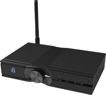 iFi Audio Neo Stream 3 svart nettverkslydspiller med stor sentral knapp og bakre Wi‑Fi‑antenne
