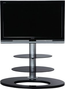 Ateca Ellipse TV-møbel sølv/sort, 3 ovale sorte glashylder på centralt cylindrisk krombeslag, fladskærm
