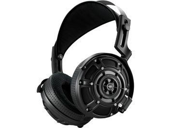 Ανοιχτά ακουστικά Yamaha YH-4000 μαύρα, μέταλλο και πλαστικό, κυκλικά πλέγματα, διάτρητα μαξιλαράκια, θύρα καλωδίου, όψη 3/4
