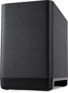 Μαύρο ματ υπογούφερ Polk Audio SUB React, μπροστινή όψη, κυβική στρογγυλεμένη φόρμα, μαύρη μεταλλική σχάρα στο εμπρός μέρος