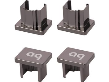 Tappi antirumore RJ45 Audioquest grigio metallizzato, set di 4 cappucci quadrati con logo aq, vista dall’alto leggermente obliqua