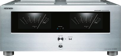 Onkyo M-5000R sølvfarvet effektforstærker, frontpanel med VU-metre, digitalt display, knapper og stik