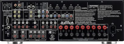 Marantz SR5005 surround receiver, front, set forfra, mange indgange og knapper, digitalt display, sort farve
