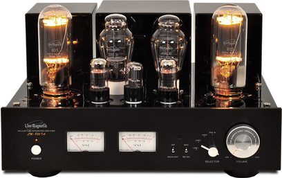Line Magnetic LM-805IA sort hi-fi rørforstærker, frontvisning, 4 rør, 2 vu-metre, vælger og justeringsknopper