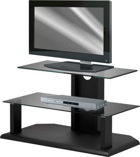 Erard First 2581 sort TV-møbel i glas, 2 hylder, drejelig fladskærmsbeslag, DVD-opbevaring, rektangulær base