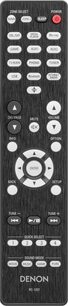 Sort Denon RC-1227 fjernbetjening set forfra, hvide knapper og tekst, røde knapper