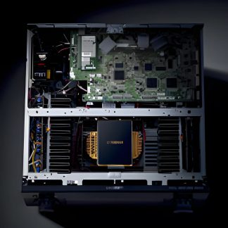 Indersiden af en adskilt computer, hvor de elektroniske komponenter som processor, blæser, kabler er synlige på en sort baggrund