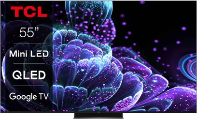 TCL 55C831 2022 QLED Mini LED 55" TV viser et abstrakt billede af lysende lilla og blå bobler