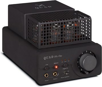 Quad PA-One hovedtelefonforstærker i sort, set forfra og ovenfra, front med knapper og stik, metalgitter på toppen