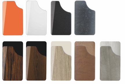 Zehn rechteckige Muster, abgerundete Ecken, verschiedene Farben, Texturen aus Holz, Metall, Stein, Vorderansicht
