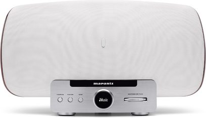 Marantz Consolette MS7000 dockingstation, sølvfarvet, set forfra, oval form, stofgitter, knapper og LCD-skærm på toppen
