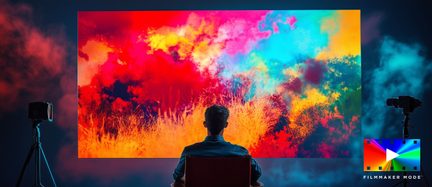 Home cinema 4K HDR televizor v režimu Filmmaker, velká barevná obrazovka, divák viděný zezadu