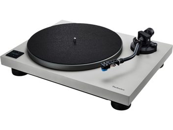 Giradischi Technics SL-40CBT argento, telaio in metallo, piatto nero foderato, braccio a S, pulsanti Start/Stop, vista a tre quarti